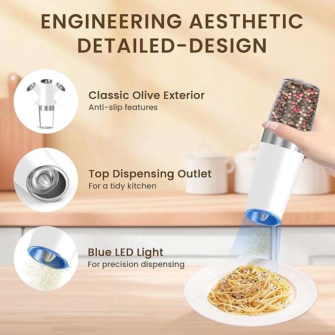 Gravity Electric Salt And Pepper Grinder Set, Automatic Salt And Pepper Grinder Set, Battery Powered (6 AAA Batteries Each), Adjustable Roughness, LED Light, 2 Pack, (White) - Image 4