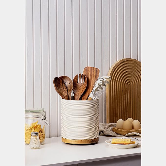 Utensil Holder, 360° Rotating Extra Large Ceramic Kitchen Utensil Holder for Countertop, 7.3“ Cooking Utensil Crocks for Kitchen Counter with Rotatable Wooden Base, Farmhouse Decor, Arctic White - Image 5