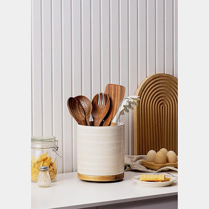 Utensil Holder, 360° Rotating Extra Large Ceramic Kitchen Utensil Holder for Countertop, 7.3“ Cooking Utensil Crocks for Kitchen Counter with Rotatable Wooden Base, Farmhouse Decor, Arctic White - Image 5