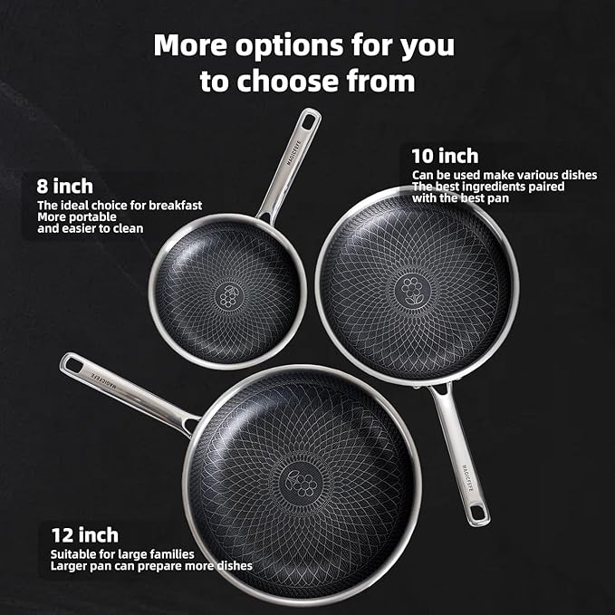 Non Stick Frying Pan with 3 Lids, 8+10+12 Inch, Hybrid Frying Pans Set Nonstick, Skillets Stainless Steel Upgrade, Dishwasher & Oven-Safe, Induction Compatible, PFOA Free Cookware.
