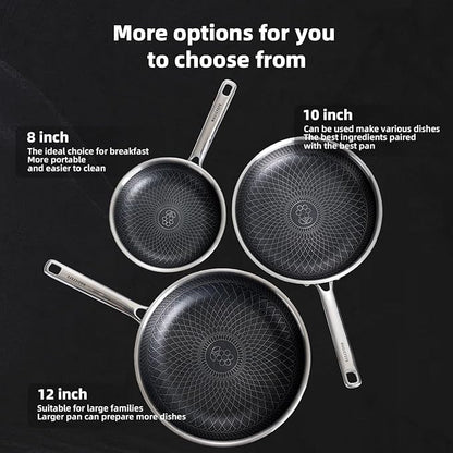 Non Stick Frying Pan without Lid, 8+10+12 Inch, Hybrid Frying Pans Set Nonstick, Skillets Stainless Steel Upgrade, Dishwasher & Oven-Safe, Induction Compatible, PFOA Free Cookware.