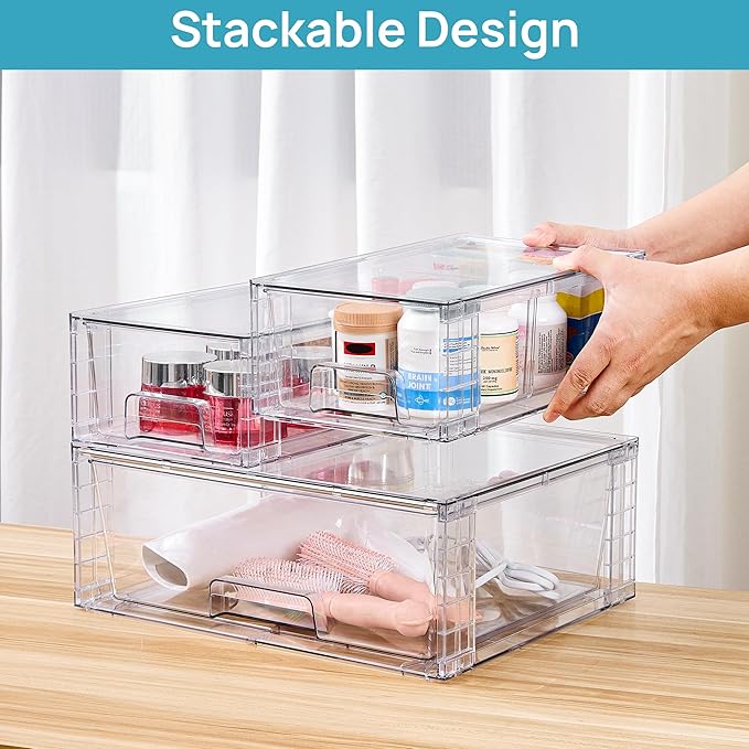 Vtopmart 3 Pack Stackable Storage Drawers, Easily Assemble Acrylic Bathroom Undersink Organizers,Clear Plastic Storage Bins for Closet,Cabinet,Pantry,Medicine Organization - Image 4