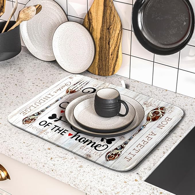 Giwawa 16"x18" Dish Drying Mat The Kitchen is The Heart of The Home- Knife Fork Cutlery Dish Drainer Mats- Rustic Wood Board Reversible Microfiber Dish Drying Pad for Kitchen Countertop Decor