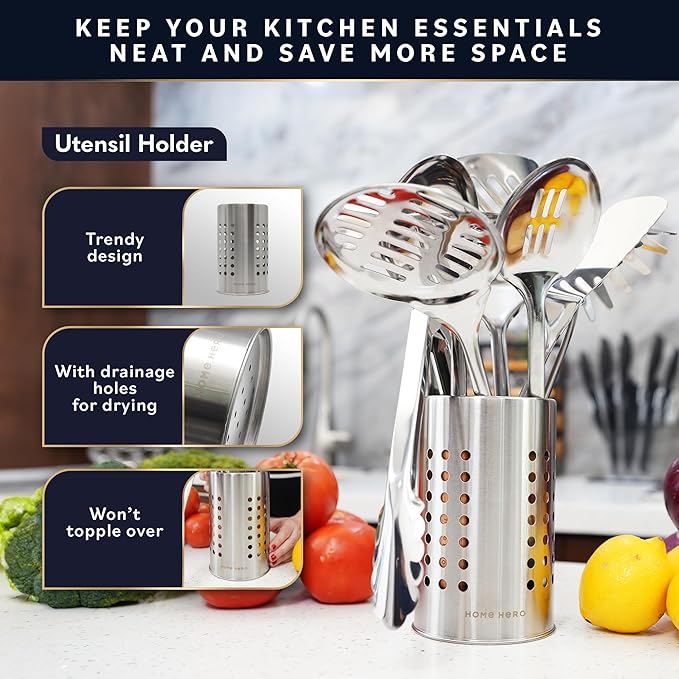 Home Hero Stainless Steel Kitchen Utensils Set - Wood Handle Nonstick Stainless Steel Cooking Utensils Set - Heat Resistant Kitchen Essentials & Metal Kitchen Gadgets (Silver & Wood) - Image 6
