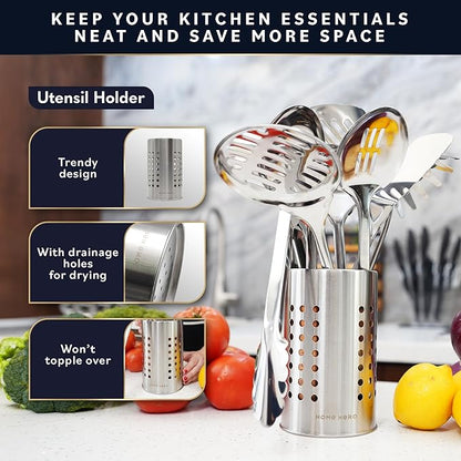 Home Hero Stainless Steel Kitchen Utensils Set - Wood Handle Nonstick Stainless Steel Cooking Utensils Set - Heat Resistant Kitchen Essentials & Metal Kitchen Gadgets (Silver & Wood) - Image 6