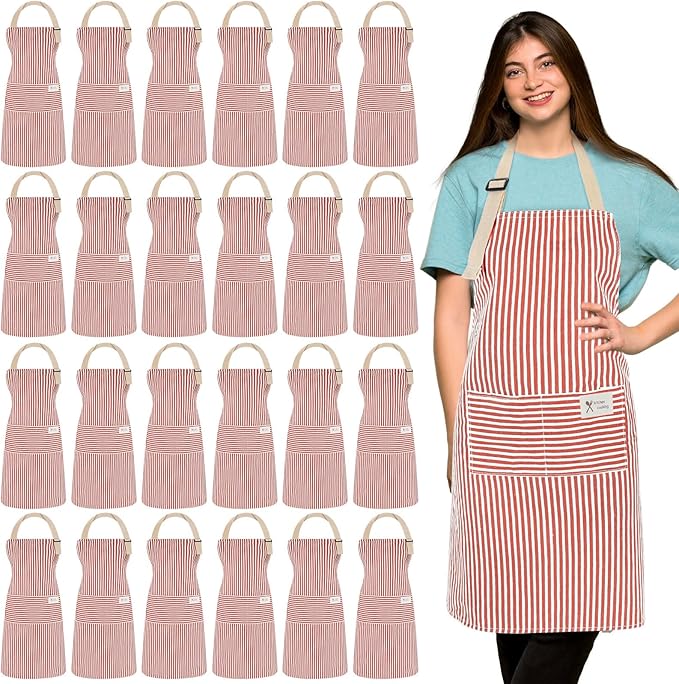 Janmercy 24 Pcs Aprons for Women Men with 2 Pockets Linen Cooking Kitchen Apron Adjustable Bib Chef Apron Bulk Aprons Unisex