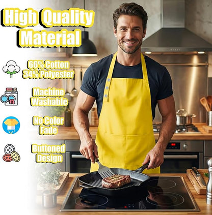 TOSHE Kitchen Apron Waterdrop Resistant Cotton Apron with adjustable Aprons for Women with Pockets 10 Color option Cooking Yellow Apron (Yellow) - Image 3