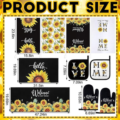 Fourluoo 10 Pcs Sunflower Kitchen Dish Towels Rugs Oven Mitts and Pot Holders Set Farmhouse Kitchen Decor Set for Women Mom Daughter Gift Cooking Baking Grilling (Bright Black Yellow)