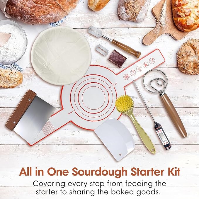 5QT Enameled Cast Iron Dutch Oven for Bread & Multi-Cooking – Complete Sourdough Starter Kit with Lid ,Probe Thermometer, Proofing Basket, Silicone Sling & Gift Packaging Bags,Oven Safe up to 500°F(Green)