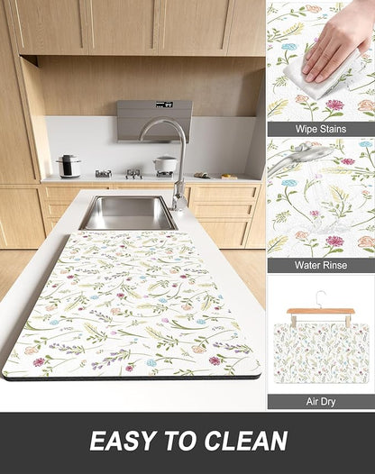 Rnivvi Dish Drying Mat for Kitchen Counter, 12 x 19" Cute Flower Theme Super Absorbent Draining Pad, Non-Slip Heat Resistant Coffee Bar Mat for Coffee Machine Station Accessories, White Dish Rack Pad - Image 6