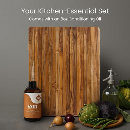 Teakhaus Carving Board and Cutting Board Oil Set - Includes Large (L) Wood Cutting Board with Grip Handles and EON Food Grade Mineral Oil - Knife-Friendly - FSC Certified - Image 2