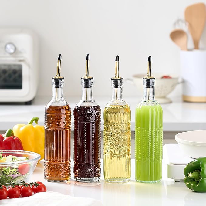 4 Pcs Olive Oil Dispenser Bottle for Kitchen,17oz Clear Glass Oil and Vinegar Dispenser Bottle Set, Classic Coffee Syrup Dispenser with 4 Stainless Steel Spouts and 1 Funnel (Round) - Image 2