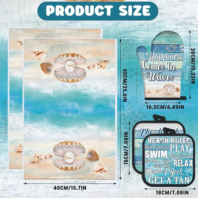 6 Pcs Summer Beach Kitchen Towels Pot Holders and Oven Mitts Set Include Coastal Dish Towel Beachy Rustic Oven Gloves Heat Resistant Potholders for Christmas Kitchen Gift - Image 2
