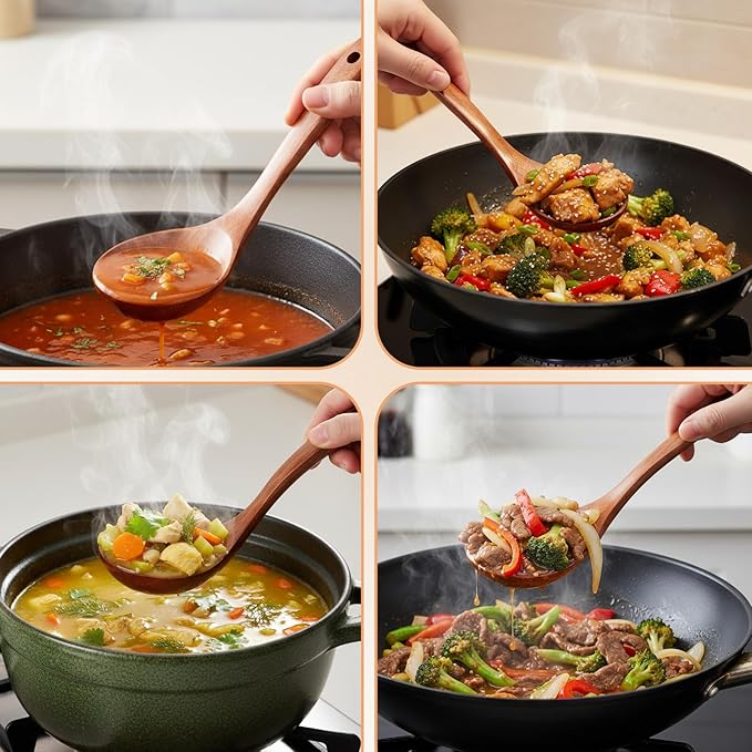 Wooden Ladle for Soup, Non-Stick Wooden Spoon Set, 3 Size Wood Ladle Spoon with Back Hooks for Deep Pot, Natural Wood Kitchen Utensils Set for Serving, Stirring
