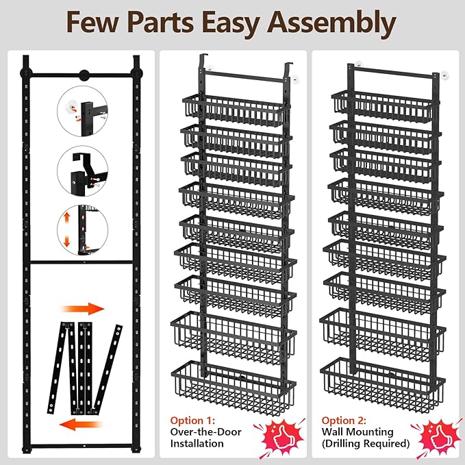 POKIPO 9 Tier Over The Door Pantry Organizer, 2 in 1 Wall Mount or Hanging Spice Rack with Adjustable Deep Basket, Heavy-Duty Seasoning Organizer and Storage for Kitchen Cabinet Closet Bathroom - Image 8
