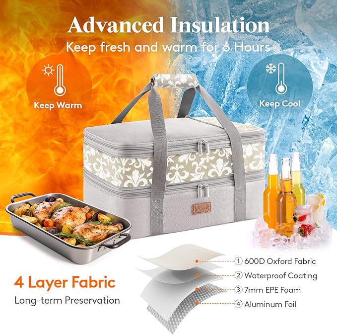 Lifewit Insulated Double Decker Casserole Carrier, Expandable Lasagna Lugger Tote Bag for Hot or Cold Food, Fits 9" x 13" Baking Dish for Potluck Parties, Picnic and Cookouts, Grey-Flowers