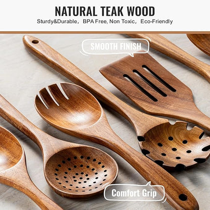 Terlulu 10 Pcs Wooden Spoons for Cooking, Natural Teak Wooden Kitchen Utensils Set, Durable Cooking Utensils Set with Comfort Grip for Cookware, Smooth Finish&NonStick& Heat Resistant Wooden Spatula - Image 4
