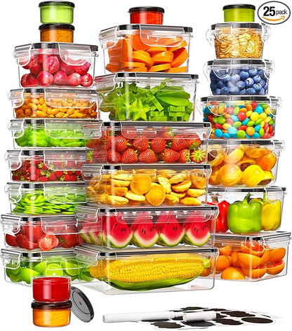 50 Piece Food Storage Containers with Lids(25 Containers & 25 Lids), BPA-Free Plastic Food Containers for Kitchen Storage and Organization, Leak Proof Meal Prep Container, Includes Labels & Pen by Canfanni