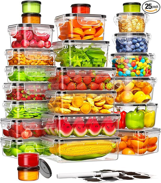 50 Piece Food Storage Containers with Lids(25 Containers & 25 Lids), BPA-Free Plastic Food Containers for Kitchen Storage and Organization, Leak Proof Meal Prep Container, Includes Labels & Pen by Canfanni