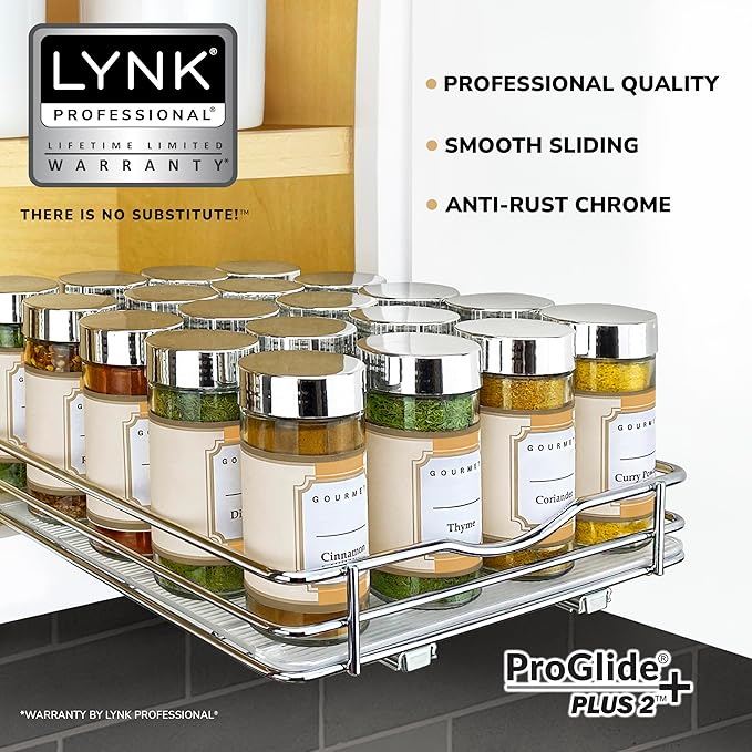 LYNK PROFESSIONAL® Pull Out Spice Organization for Cabinets - 8-3/8 inch Wide – Spice Rack for Inside Cabinets, Slide Out Spice Rack Organizer for cabinet – Pull Out Spice Rack, Sliding 1 Tier Chrome - Image 2