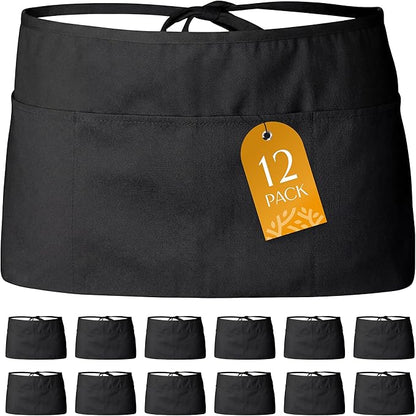 White Classic 12 Pack - Black Server Waist Aprons with 3 Pockets, Waitress Half Apron by WhiteClassic
