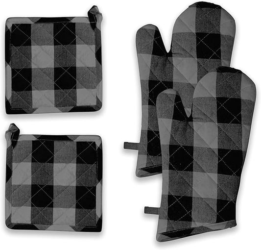Buffalo Plaid Check Oven Mitts and Pot Holders Set, 100% Cotton, Heat Resistant, 2 Oven Gloves (7x13 Inches) & 2 Hot Pads (8x8 Inches) for Cooking and Baking, Light Grey & Black White