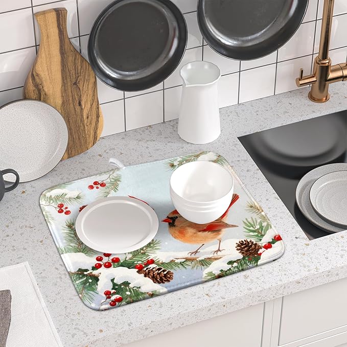 Winter Cardinal Bird Dish Drying Mat for Kitchen Counter 16x18 Christmas Snow Scene Theme Seasonal Absorbent Reversible Microfiber Drying Mats Kitchen Countertop Protector Dishes Drainer Pad - Image 6
