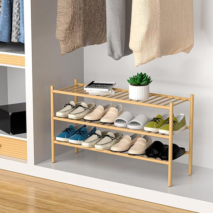 ROMGUAR CRAFT 3-Tier Bamboo Long Shoe Rack, Free Standing Wood Shoe Shelf Storage Organizer for Closet Entryway Stackable 35"x11"x20" (Natural) - Image 4