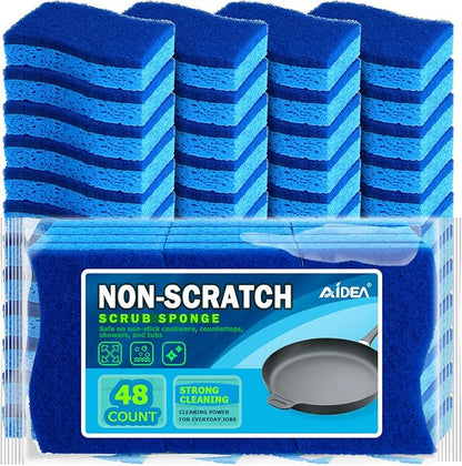 AIDEA Non-Scratch Scrub Sponge, 48Count, Sponges for Dishes, Sponges Kitchen, Cleaning Sponge, Cleans Fast Without Scratching, Stands Up to Stuck-on Grime, Cleaning Power for Everyday Jobs by AIDEAHOME