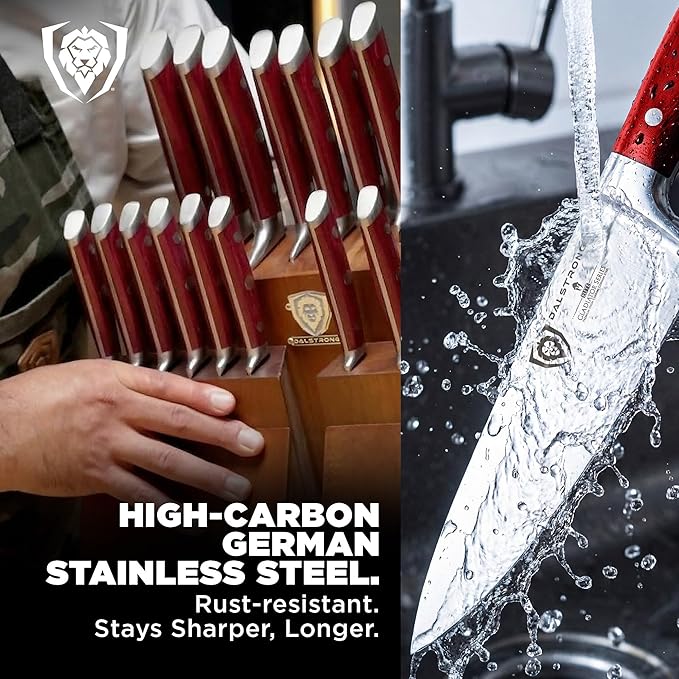 Dalstrong 18-Piece Gladiator Colossal Knife Block Set (Red Handles) — German High-Carbon Steel, Full-Tang, Hand-Sharpened — For Home Chefs, Wedding Registries & Serious Kitchens — Acacia Block, NSF - Image 3