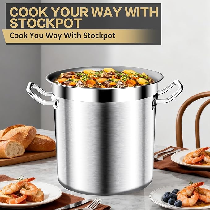 Large Stock Pot-20QT Stainless Steel Stockpot with Lid, Heavy Duty Tri-Ply Bottom Commercial Grade Stock Pot & Stockpots for Boiling Cooking Soup Stew Canning Cooking Pots,Big Stockpot, Deep Cookware