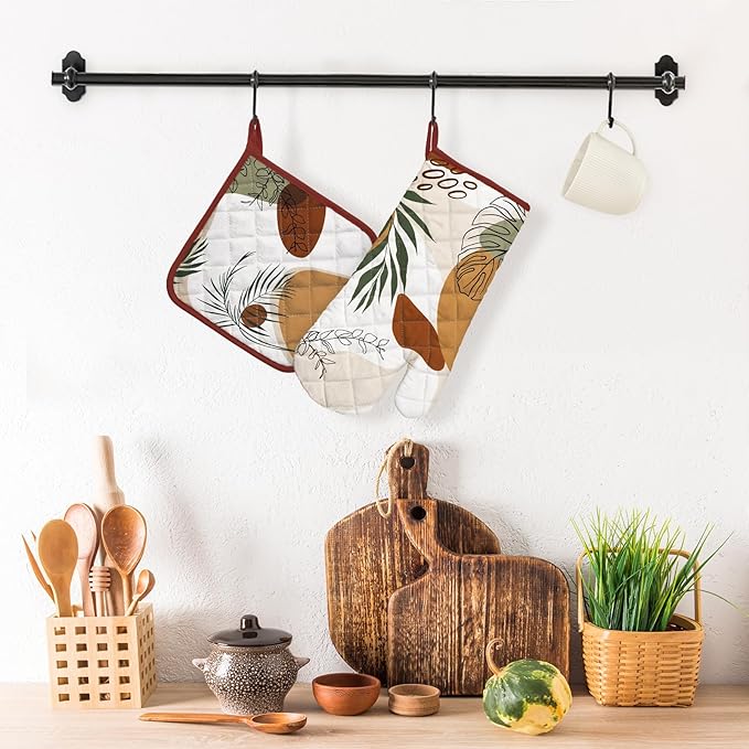Boho Leaf Oven Mitts and Pot Holders Sets 2Pcs, 100% Cotton Heat Resistant, Vintage Extra Long Oven Gloves Potholder for Kitchen Cooking Baking Decoration, Housewarming Gifts for Mom - Image 5