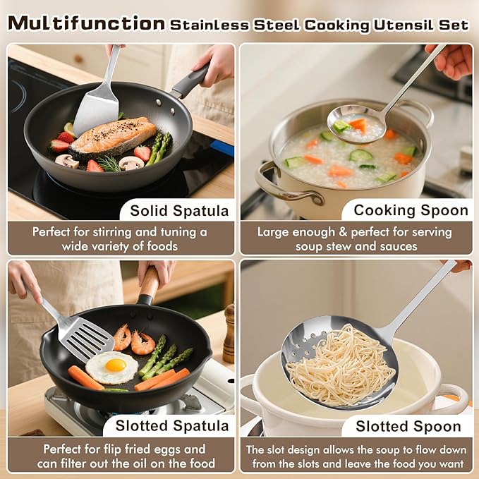 4 Pcs Cooking Utensils Set, Stainless Steel Kitchen Utensils, Heat Resistant Metal Kitchen Tools Include Solid & Slotted Turner Wok Spatula, Serving Spoon, Ergonomic Handle, Easy to Clean, Silver - Image 2
