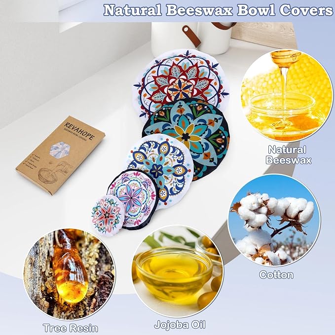 5-Size Reusable Beeswax Bowl Covers for Bread Proofing, Cotton Cloth Flexible Beeswax Wraps for Food Storage(Pentagonal Floral) - Image 3