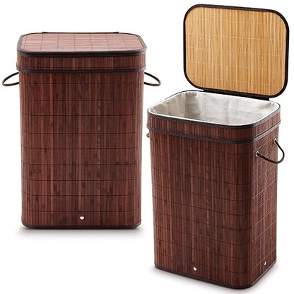 2 Pack 21 Gallon Bamboo Slim Trash Can with Lid Large Foldable Slim Rectangular Garbage Can Bamboo Waste Basket for Bathroom Bedroom Office Home Salon Spa (Brown)