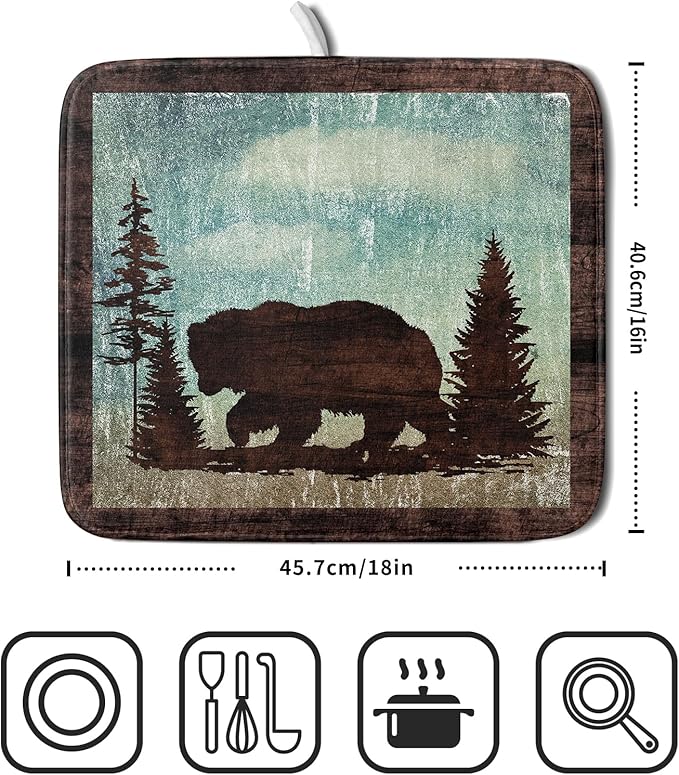 Giwawa Retro Brown Bear Forest Cabin Dish Drying Mat Countertop 16x18 Fall Blue Sky Cloud Cartoon Wild Animal Bushes Drainer Mat Pine Tree Grass Dishes Pad Rustic Floral Dish Drainer Rack