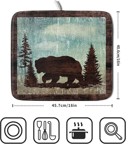 Giwawa Retro Brown Bear Forest Cabin Dish Drying Mat Countertop 16x18 Fall Blue Sky Cloud Cartoon Wild Animal Bushes Drainer Mat Pine Tree Grass Dishes Pad Rustic Floral Dish Drainer Rack