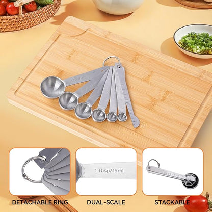 Stainless Steel Measuring Spoons Set, Dual-Scale Metric & US Measurements, Set of 7 for Dry and Liquid Ingredients