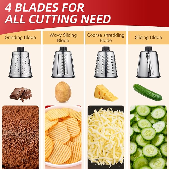 Rotary Cheese Grater with 4 Blades, Hand Crank Cheese Grater with Waffle Slicer, Red, Black and White Cheese Shredder with Suction Base, Easier for Shredding & Grating (Red)