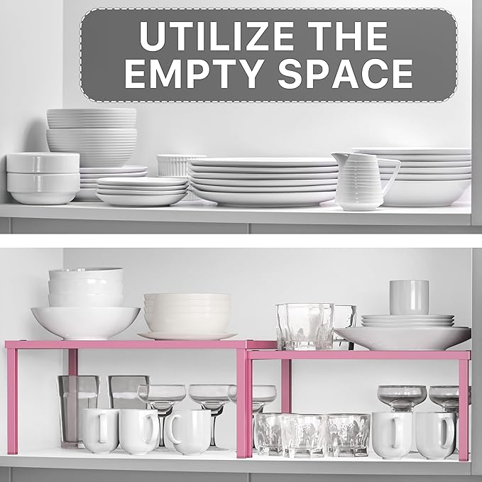 Simple Houseware Expandable Stackable Kitchen Counter Shelf Organizer, Pink, Metal Top, 11.25 in L x 7.9 in W x 5.4 in H - Image 5