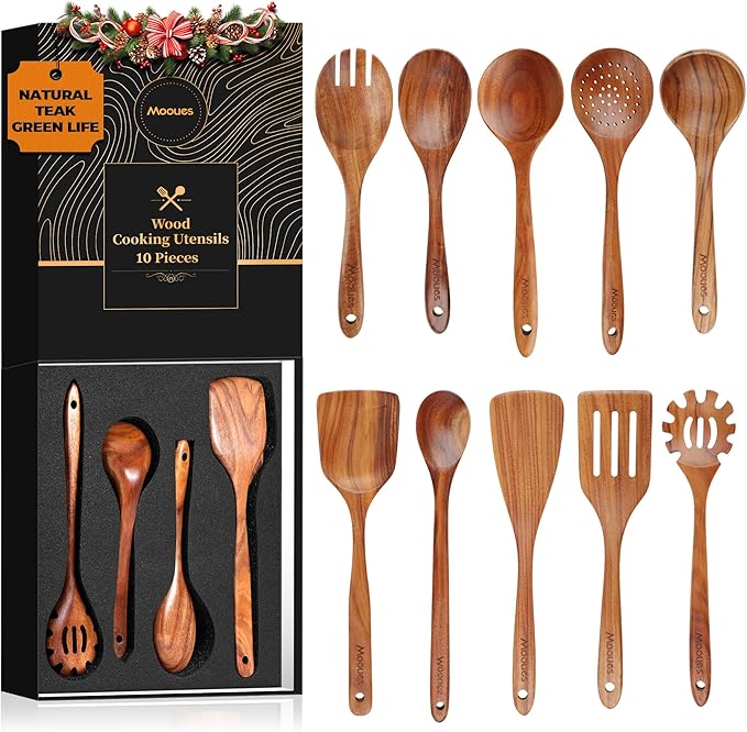 Mooues Wooden Spoons for Cooking, Wooden Utensils for Cooking Natural Teak Wooden Kitchen Utensils Set Comfort Grip(10 PCS SET GIFT BOX) by Mooues