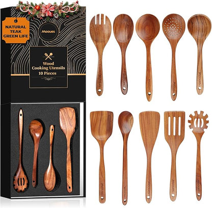 Mooues Wooden Spoons for Cooking, Wooden Utensils for Cooking Natural Teak Wooden Kitchen Utensils Set Comfort Grip(10 PCS SET GIFT BOX) by Mooues