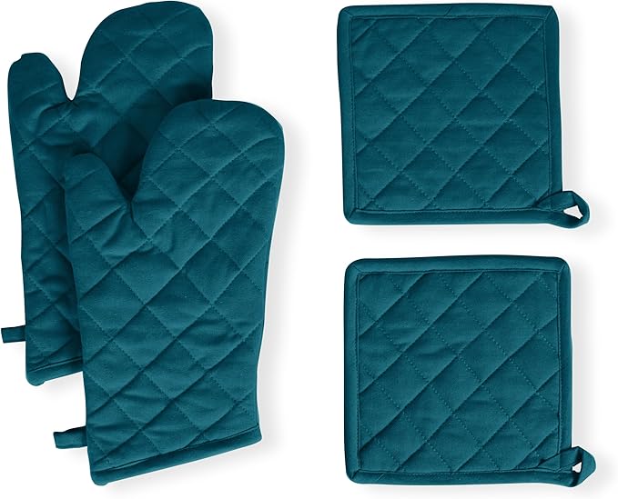 Native Fab Pot Holders and Oven Mitts Sets for Kitchen Heat Resistant - Hanging Non-Slip - 100% Cotton Kitchen Oven Mitts and Pot Holders 4 Piece Set - Teal by NativeFab