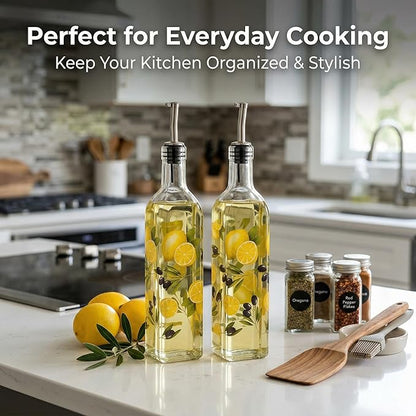 Topadorn 17 oz Olive Oil Dispenser Bottle Set for Kitchen, 2 Pcs Glass Oil Dispenser Bottle with Stainless Steel Pourers, 2 Packs of Napkins, Lemon