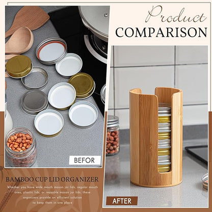 Suclain 2 Pcs Mason Jar Lid Organizer Bamboo Vertical Mason Jar Lid Storage Accessories Tumbler Lids Holder Cup Lids Organizer for Home Kitchen Countertop Cupboard(Only for Wide Mouth) - Image 5