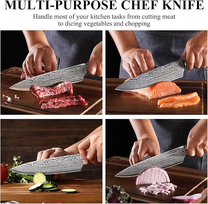 Sunnecko 8 Inch Chef Knife, Professional Japanese Style Kitchen Knife for Meat Vegetable Cutting, Ultra Sharp High Carbon Stainless Steel Blade, Ergonomic Pakkawood Handle & Sheath, Cooking Gift Box