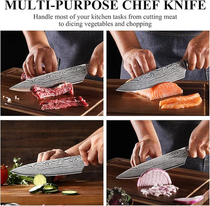 Sunnecko 8 Inch Chef Knife, Professional Japanese Style Kitchen Knife for Meat Vegetable Cutting, Ultra Sharp High Carbon Stainless Steel Blade, Ergonomic Pakkawood Handle & Sheath, Cooking Gift Box