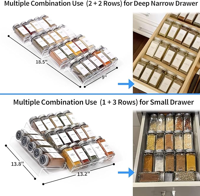 MIUKAA Clear Acrylic Spice Drawer Organizer, 4 Tier- 2 Set Expandable From 9" to 18" Seasoning Jars Drawers Insert, Kitchen Spice Rack Tray for Drawer/Countertop (Jars not included) - Image 3