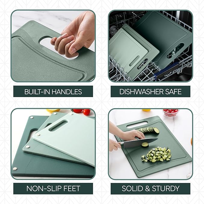 COOK WITH COLOR Non-Slip Cutting Board Set – Kitchen Essentials with Easy Grip Handle for Meat, Veggies, and Fruits, 3 Cutting Boards, Mint - Image 4