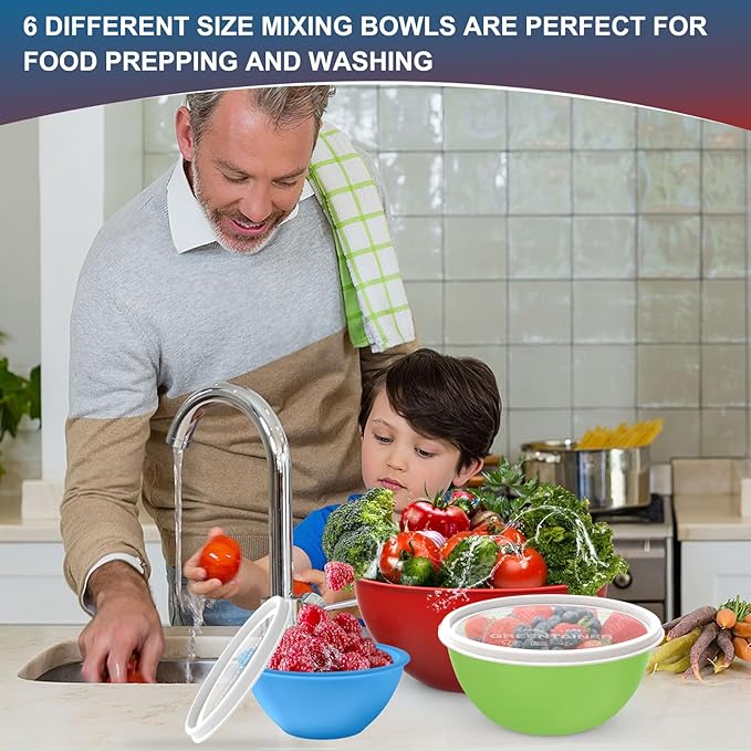 Greentainer Plastic Mixing Bowls with Lids Set for Kitchen, 6 Set Nesting Bowls for Mixing, Baking, Prepping, Cooking and Serving Food, Mixing Bowls Dishwasher, Microwave Safe
